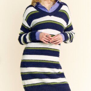 DAVI & DANI TEXTURED VEGAN ANGORA COLORBLOCK STRIPED V-NECK SWEATER TUNIC DRESS